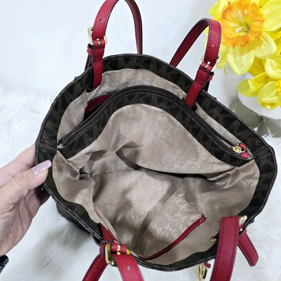 Michael Kors Jet Set Brown/Cherry Signature Logo Tote Shoulder Bag - Picture 12 of 16